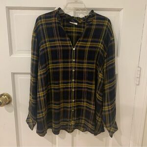 J Jill Womens 3X Black Crinkle Plaid V Neck Button Up Long Sleeve Cabin Mountain